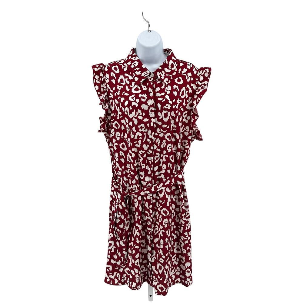 Shein Curve Button-Up Dress WMNS 2XL Red White Animal Print Sleeveless Ruffled